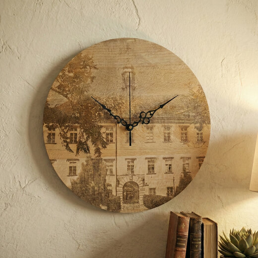 Nástěnné hodiny z masivního buku 30 cm – motiv zámku Kopidlno