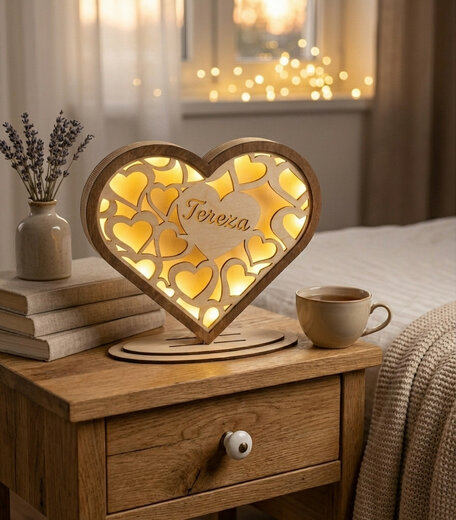 Personalizovaná dřevěná LED lampička srdce se jménem